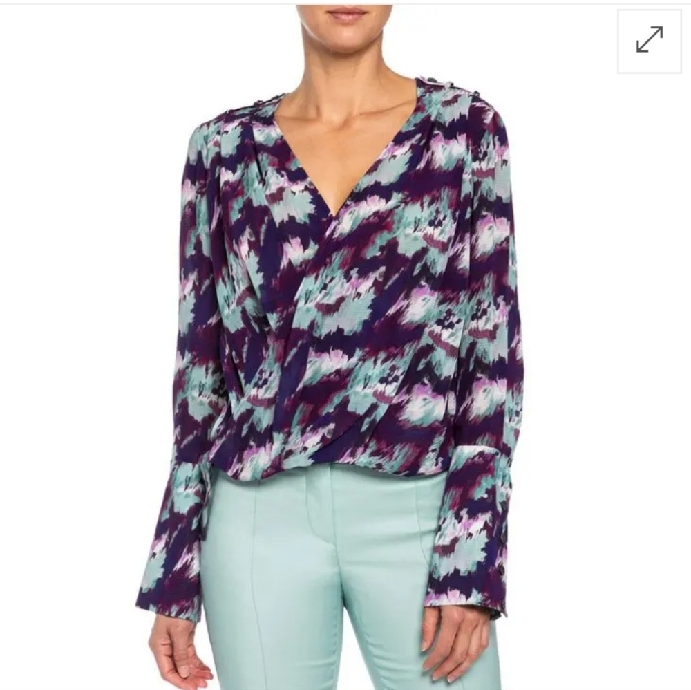 Santorelli Sabil Georgette Faux Wrap Blouse Purple Teal Size 40
